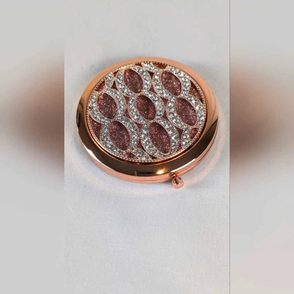 Compact Mirror Designer Inspired Cosmetic Faux Rose Gold Rhinestone Sparkle NWOT